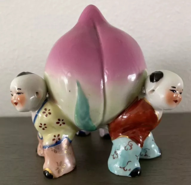 Vintage Chinese Porcelain 3 Boys Holding Large Prosperity Longevity Peach NICE !