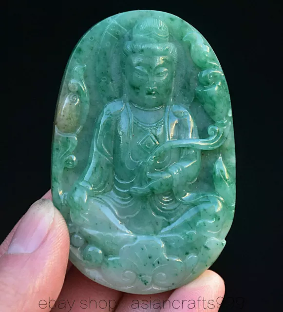 2.8" Top Chinese Natural Green Dushan Jade Carved Guan Yin Ru Yi Pendant Amulet