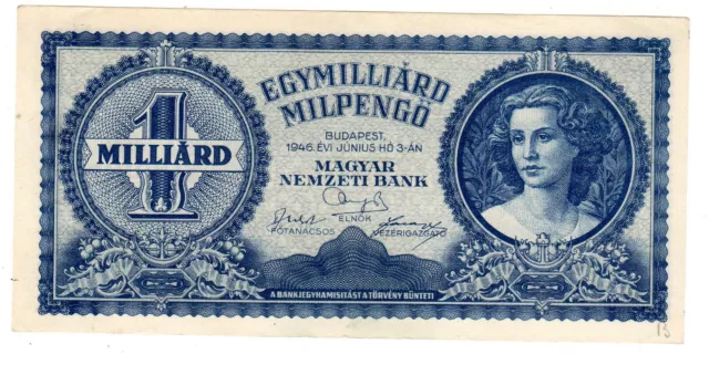 HONGRIE HUNGARY Billet 1 Milliard PENGO 1946 P131 HyperINFLATION VF/VF+ BON ETAT