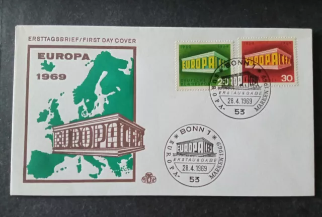 Sobre Primer Dia Fdc Alemania 1969 Europa Cept.