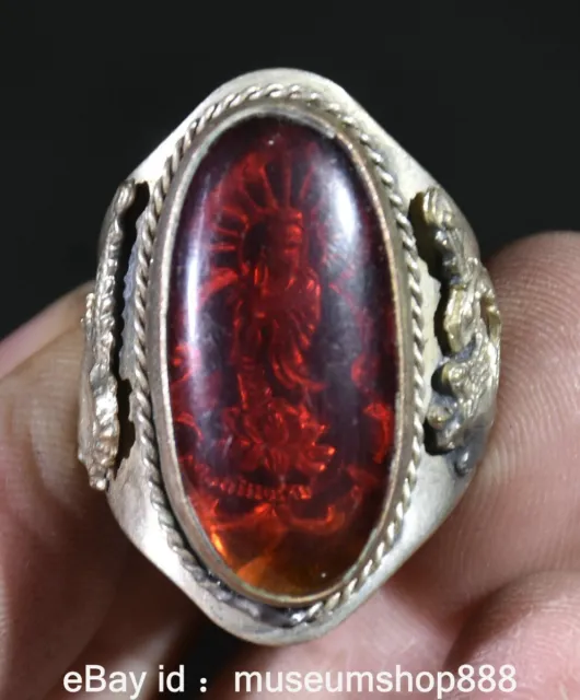 1.4" Rare Old Chinese Silver Red Gems Guanyin Dragon Phoenix Finger Jewelry Ring