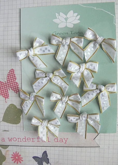 Satin Bows 2.5cm - 10 WHITE Embroidered with GOLD lines - both Edges GreenTara A