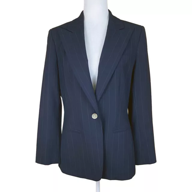 Lauren Ralph Lauren Women's Wool 1-Button Blazer Size 10 Navy Blue Pinstripe