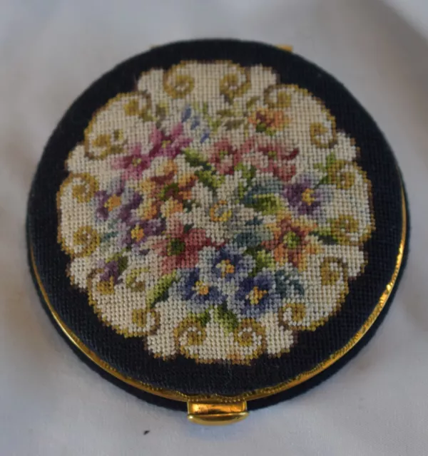 Vintage Embroidered Floral Mirrored Compact