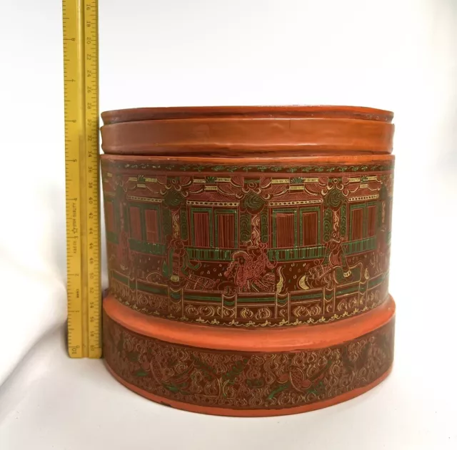 Burmese Betel Box Deep Orange Round Lacquer Hand Painted With 2 Lids 3 Piece Set 3