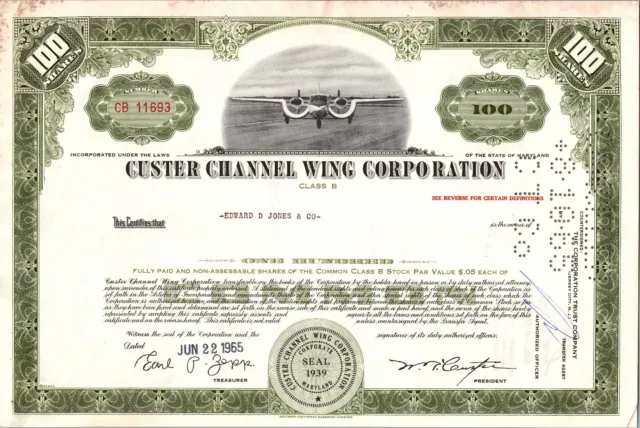 Custer Channel Wing Corporation Stock, Jun 22, 1965