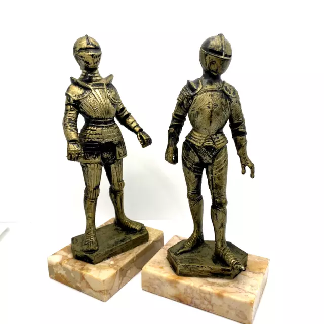 2 Vtg Medieval Knights Figurine Statue Depose Italy Suit Armor Marble Base Decor