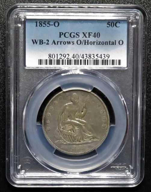 1855-O PCGS XF40 Arrows Seated Liberty half O over Horiz O, WB-2. TOP POP, Pop 1