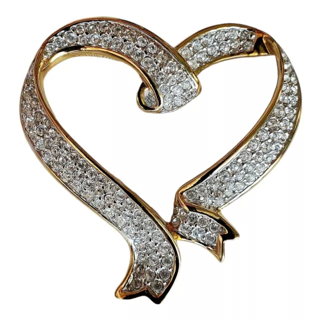 Large Signed Swan Swarovski Gold Tone Pave Crystal Ribbon Heart Pendant EUC