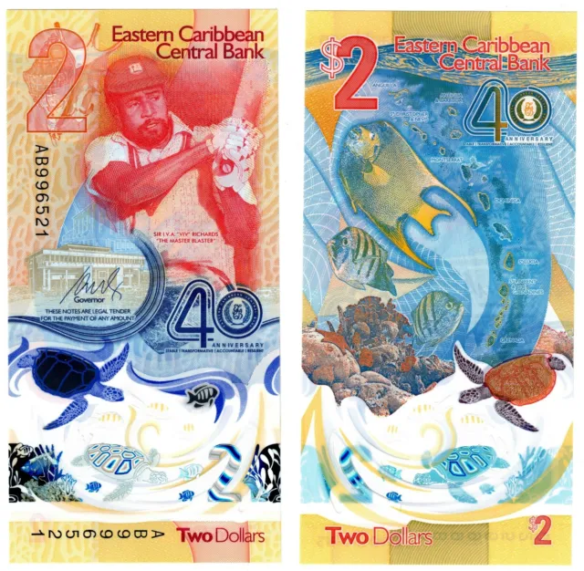 2023 East Caribbean 2 Dollar Polymer Banknote UNC P61 Cricket Viv Richards