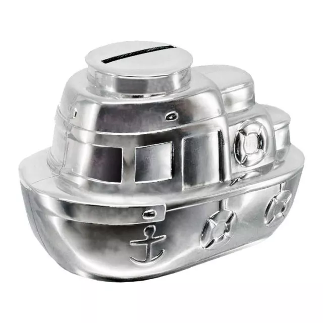 Personalised Silver Plated Tug Boat Money Box, Engraved Christening Gift