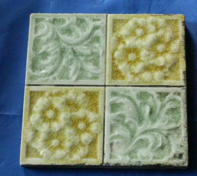 Art Nouveau English Raised Majolica Floral Design Tile Yellow And Celadon D