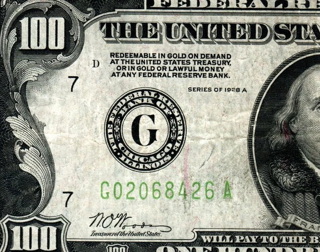 1928A $100 Chicago Gold on Demand Federal Reserve Note S/N G02068426A Small Head