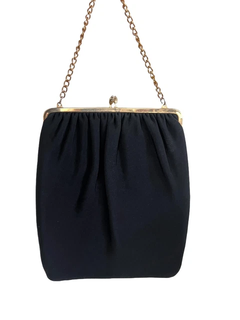 Vintage Purse Black Rayon Cocktail Bag  1950S HL 24K Gold Plate Frame Womens