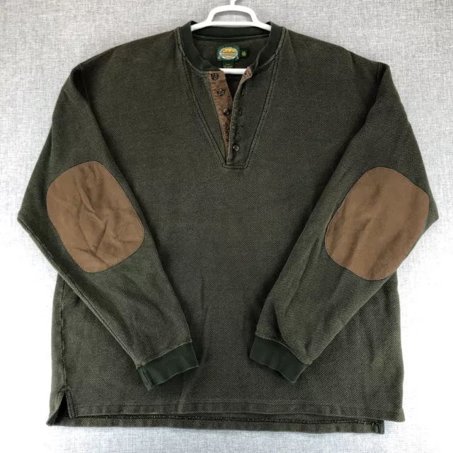 Cabelas Mens Size 2XLT Tall Button Henley Knit Sweater Elbow Patches Olive Green