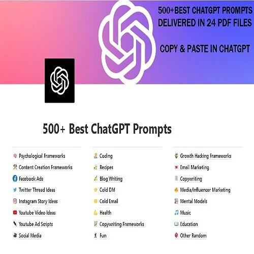 1500+ BEST CHATGPT PROMPTS - 24 Categories, Separated in 24 pdf files. +BONUSES