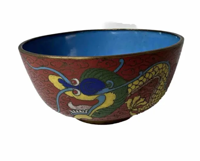 Antique Chinese Cloisonne 5 Claw Yellow Dragon Bowl 4.5''