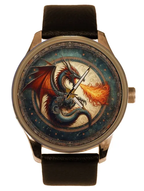 Ancient Blue Fire-Breathing Dragon Parchment Art Solid Brass Mens Dress Watch