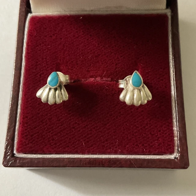 Boucles D'oreilles Anciennes En Argent Massif Et Turquoise - Style Modernist Design - Occasion