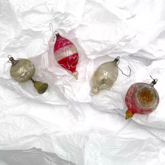 VTG WWII Era Unsilvered Hand Painted Blown Glass Christmas Ornaments - Lot of 4