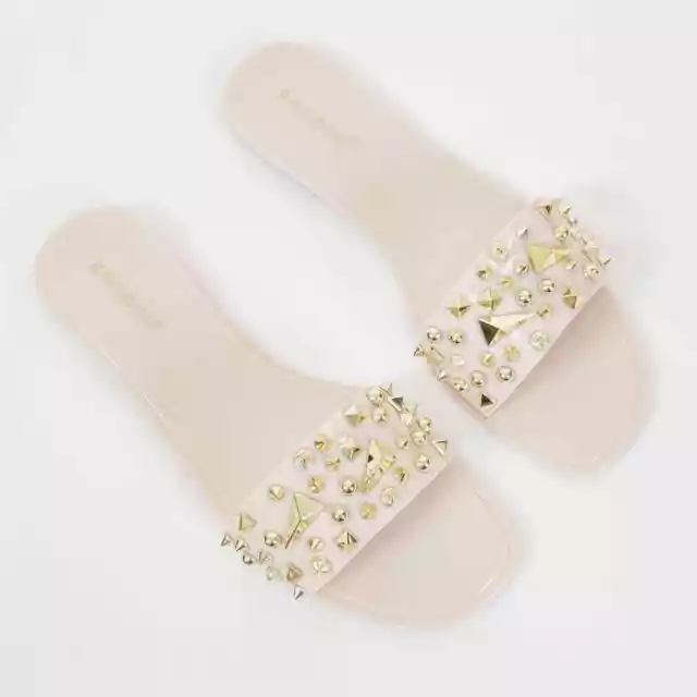 Bamboo Nude Studded Jelly Flats Sandals Size 8 Slip-on Band Gold Jewel Hardware