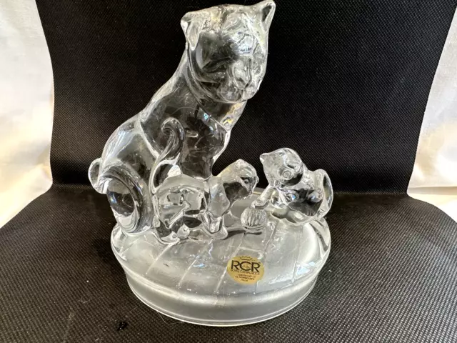RCR Royal Crystal Rock Cat And Kittens Figurine Glass Lead Crystal Made In Italy