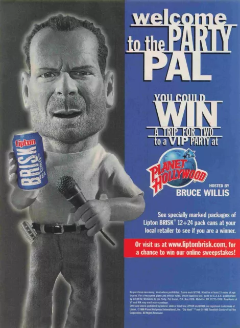 Lipton Brisk Iced Tea Ad Bruce Willis Planet Hollywood 1990S Vtg  Print Ad 8X11
