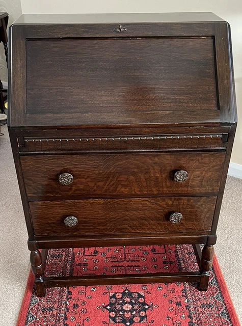 Antique Dark Oak/Mahogany Stained Bureau - Queen Anne Style, 1920s.