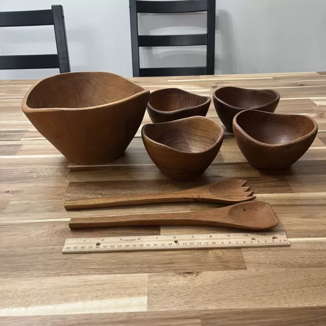 7 Piece Mid Century Modern EXTRA LARGE Thailand Teak Wood Salad Serving Bowl Set