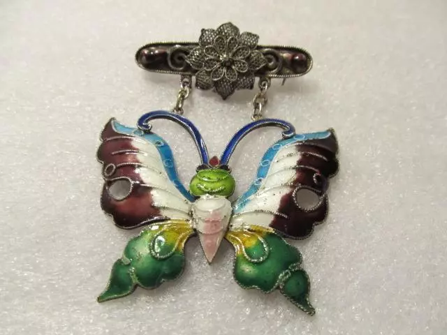 Old Antique Chinese Enamel Butterfly Brooch Pin Filigree Flower 3