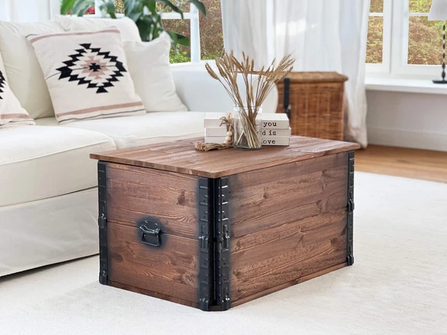 Table Basse Coffre Vintage Uncle Joe's – Bois Massif, Rangements, Style Shabby – 100x58 Cm