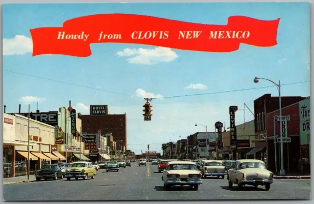 Vintage 1950s CLOVIS, New Mexico Postcard MAIN STREET Downtown Scene Chrome