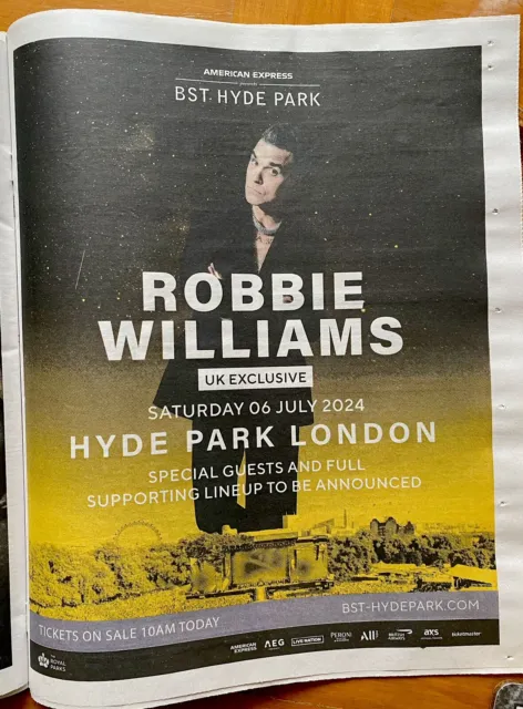 Robbie Williams Live Tour Dates Ad BST Newspaper Advert Poster Full Page 14x11”