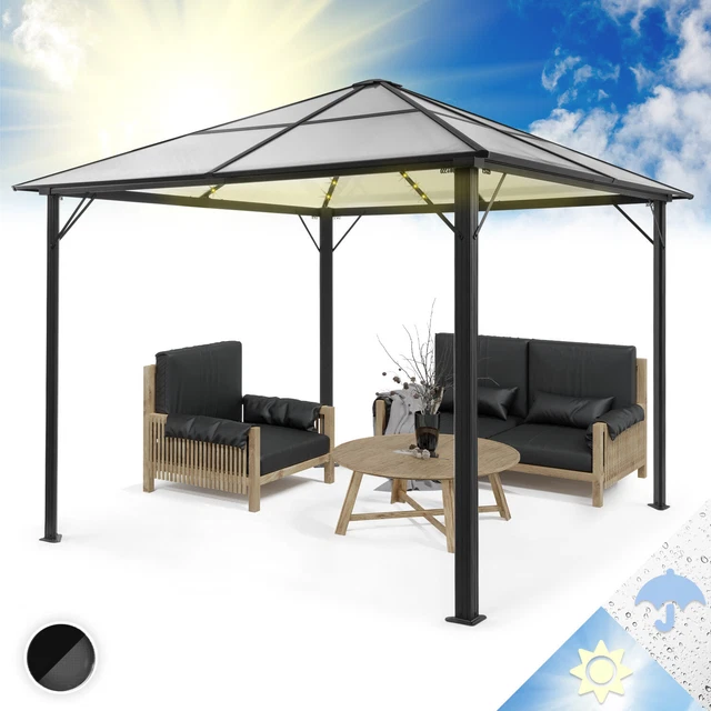 Pavillon mit Dach 3 x 4m Solar Beleuchtung Aluminium Eckpfosten Gartenpavillon