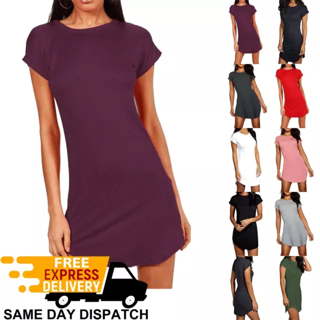 Ladies Womens Baggy Longline Curved Hem Turn Up Sleeve Tunic T-Shirt Mini Dress