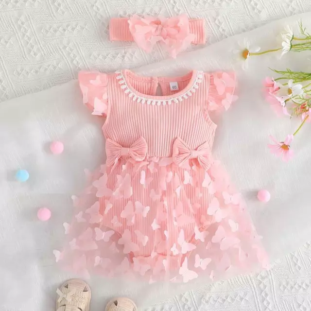 Newborn Baby Girl Floral Ruffle Ribbed Jumpsuit Romper Headband Outfit Dress Set