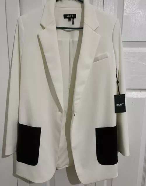 DKNY Lounge Around Jacket womans S white black soft leather pockets long sleeves