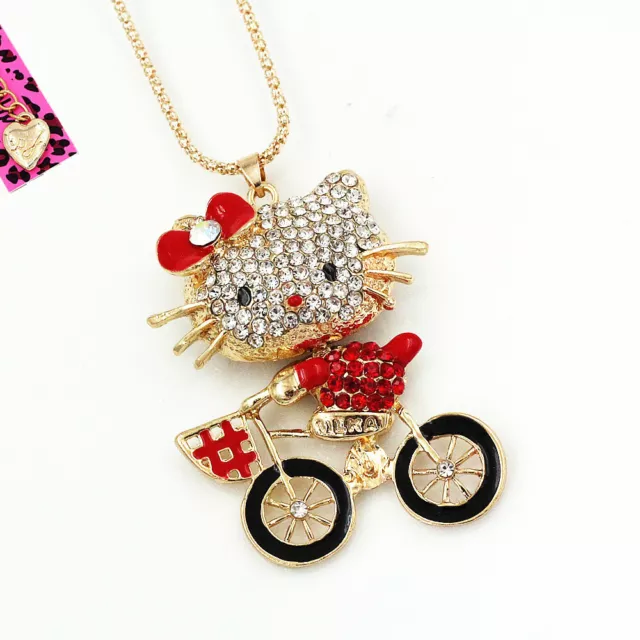 Betsey Johnson Red Enamel Crystal Cute Cycling Kitten Cat Pendant Chain Necklace