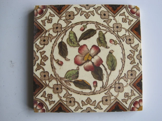 ANTIQUE VICTORIAN 6"  PRINT & TINT FLORAL TILE - c1884 JACKSON BROS