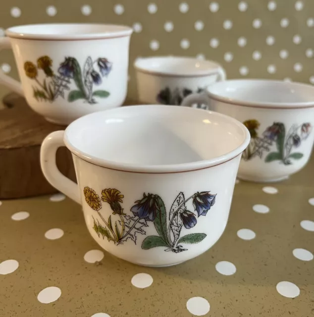 Set of 4 Vintage Arcopal France CUPS Floral Blue Bells Dandelion Thistle Garden