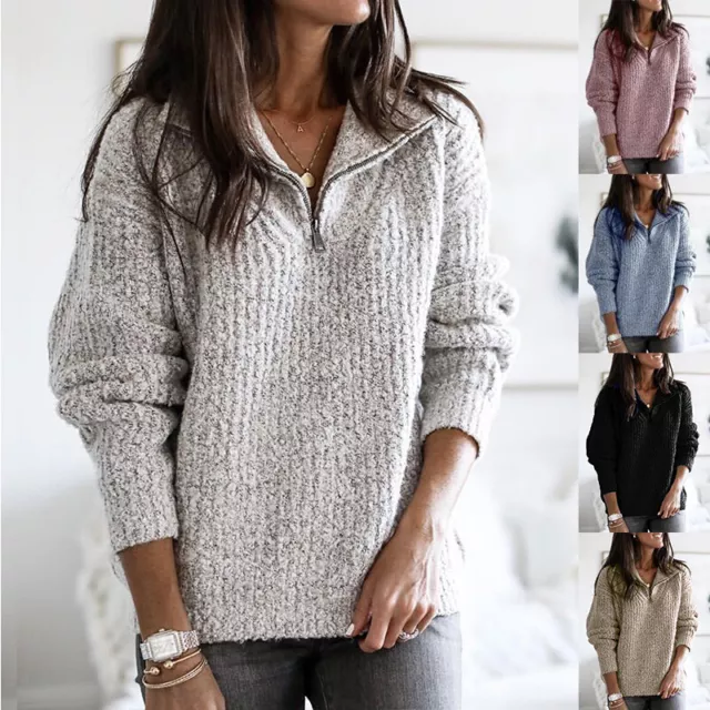 Pull Tricoté À Manches Longues Pour Femme Avec Fermeture Éclair Et Col En V - R