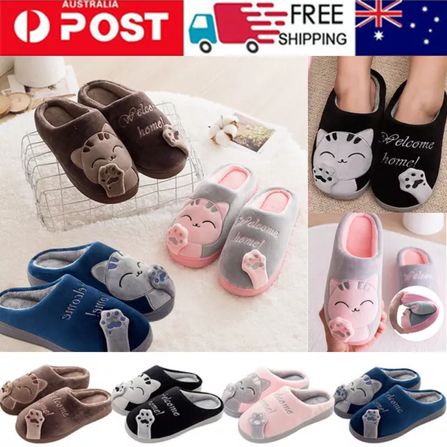 Women Men Cute Cat Plush Slippers Indoor Winter Warm Soft Anti-Slip House Shoes