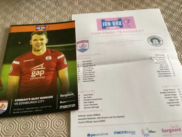 2018/19 Connah’s Quay v Edinburgh City Irn Bru Cup Semi Final and team sheet