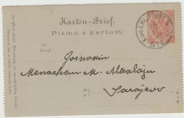 Bosnia and Herzegovina 1900 10h Letter Card Military Post, Stolac to Sarajevo