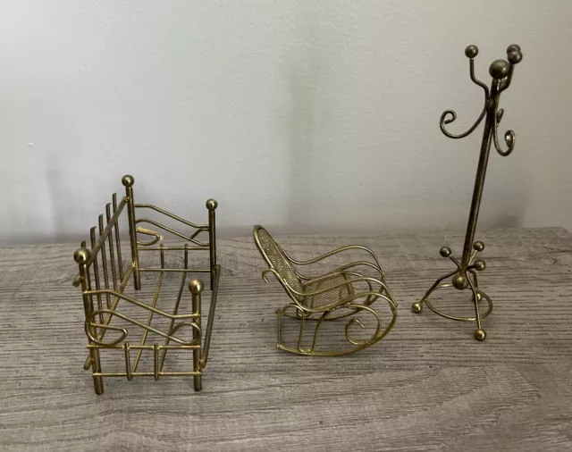 Vintage Dollhouse Miniatures Brass Daybed, Rocking Chair, And Coat Rack 2