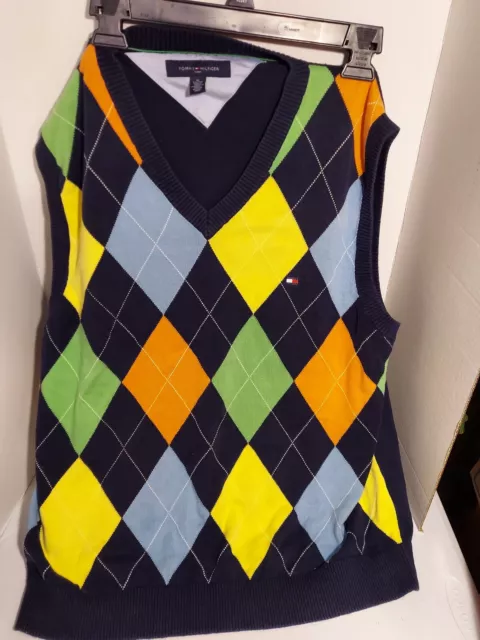 TOMMY HILFIGER MEN'S XL Navy Blue Yellow V-Neck Argyle Sweater Vest ...