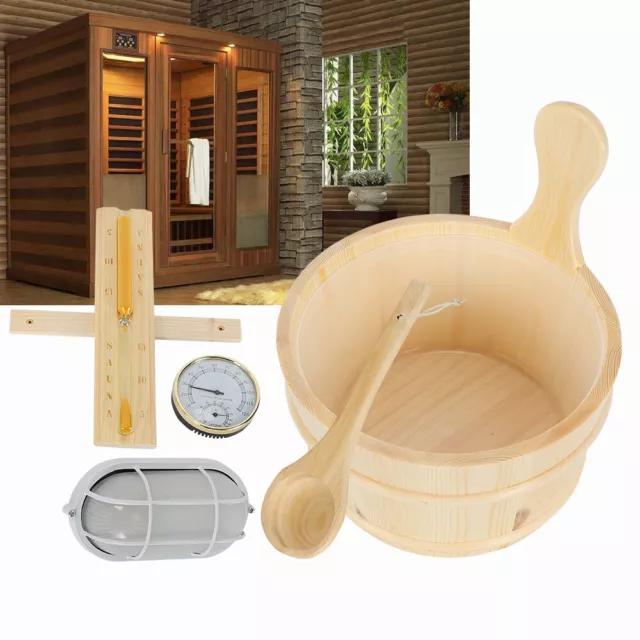 Sauna Wooden Bucket and Ladle Kit, Sauna Accessories with Thermometer for Sauna