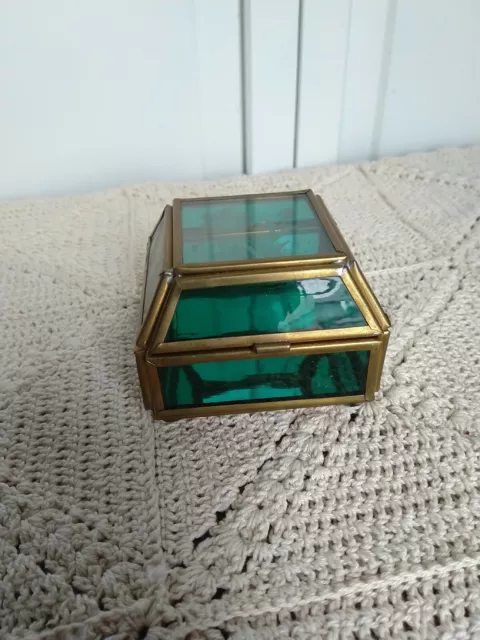 Via Vermont Etched Glass Lid Stained Glass Brass & Mirror Trinket  Box