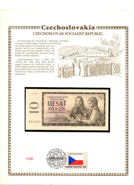 Czechoslovakia 1960 10 Korun P-88d UNC w/FDI UN FLAG Serie S.46 891987 Birthday