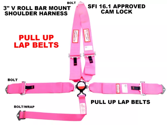 Hot Pink Sfi 16.1 Pull Up Racing Harness 5 Point V Roll Bar Mount 3" Cam Lock